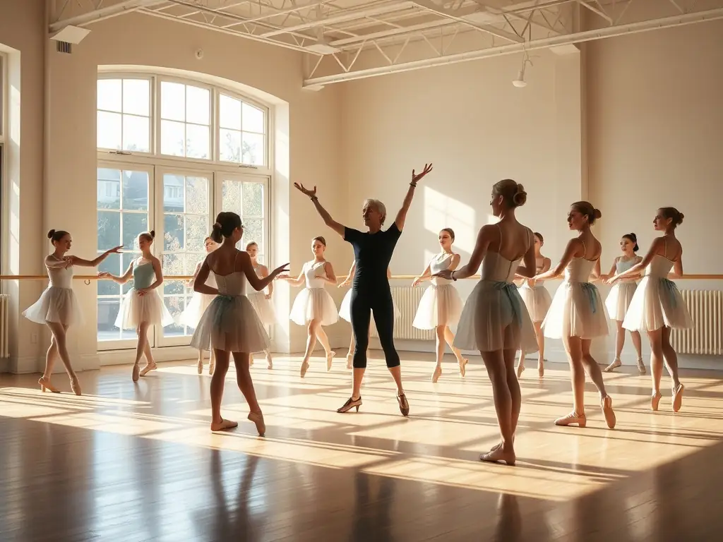 A dynamic shot of a ballet class in progress, showcasing dancers in elegant poses with a focus on posture and grace, set in a well-lit studio with mirrored walls.