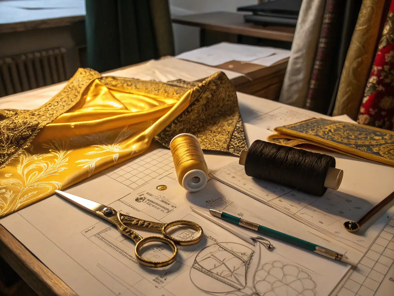 Participants in a costume design workshop, working on sketches and fabric samples, guided by an instructor, with sewing machines and design tools visible in the background.