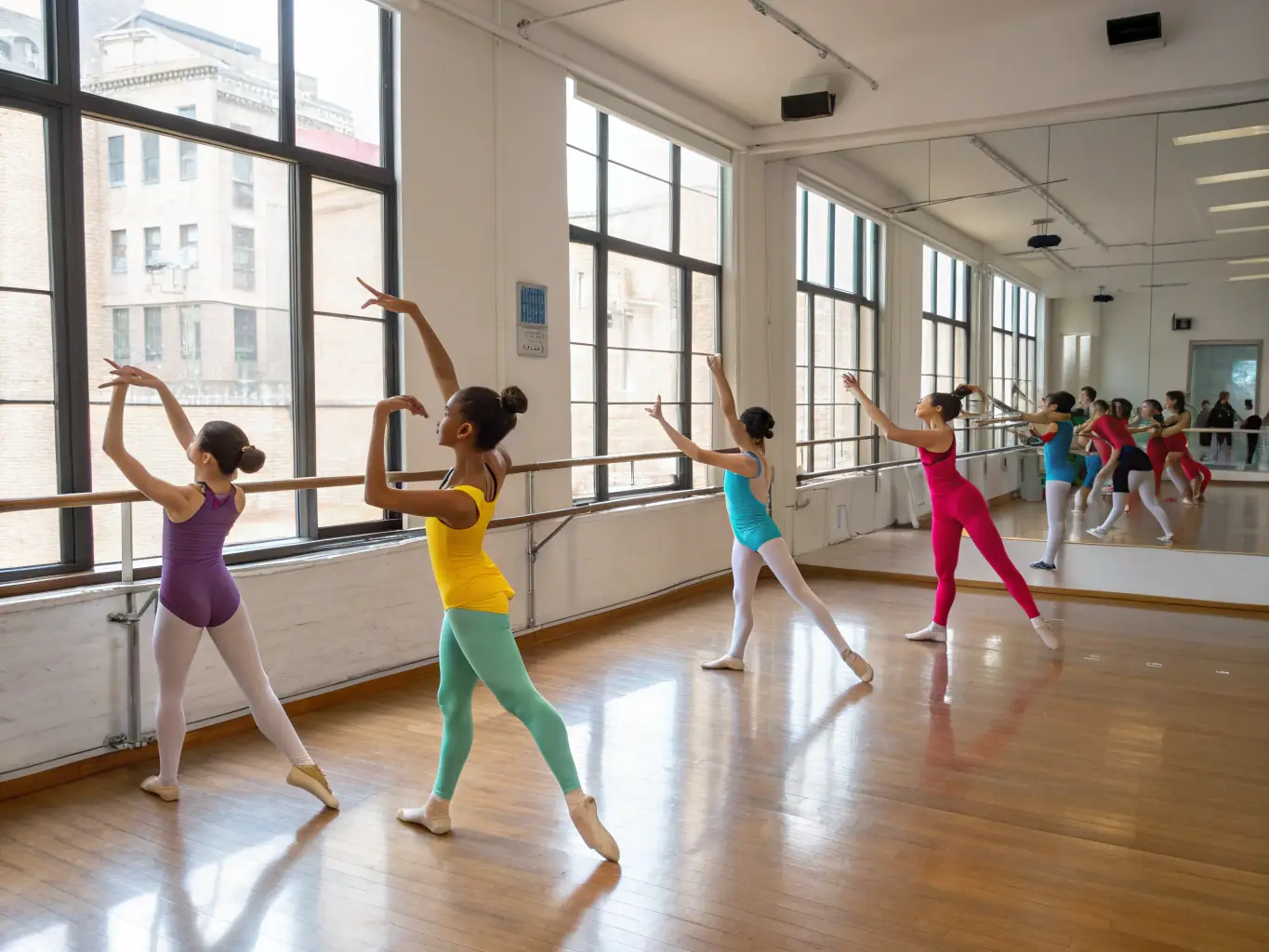 A group of young ballet dancers in leotards and tutus practicing a routine in a dance studio, with a focus on their graceful movements and synchronized poses.