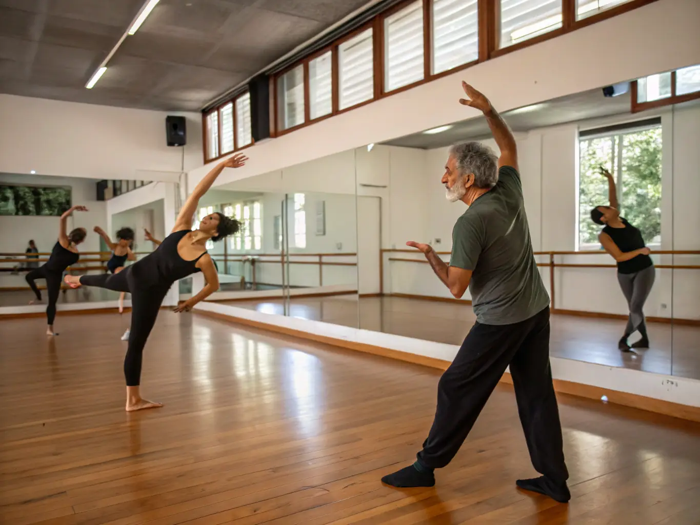 A group of dancers participating in a contemporary dance workshop, focusing on movement improvisation and creative expression, set in a spacious studio with natural light.