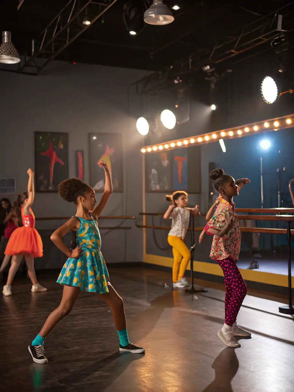 Enthusiastic jazz dancers in colorful costumes performing a high-energy routine during a jazz dance class at ECOLE DE DANSE D’ARGENTAT, highlighting rhythm, style, and fun.