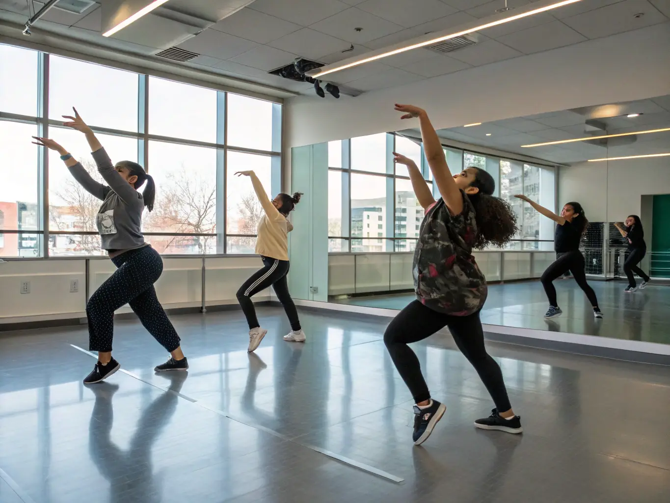 An elegant image of adults participating in a jazz dance class, demonstrating the style and sophistication of the adult jazz program at ECOLE DE DANSE D’ARGENTAT.