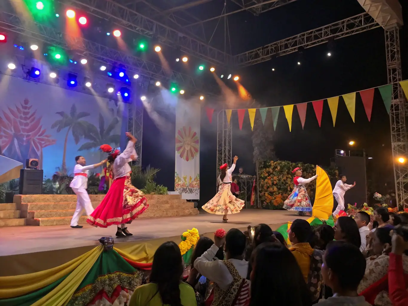 A vibrant scene from a cultural dance performance, featuring dancers in traditional costumes executing intricate steps and rhythms, highlighting the cultural heritage.