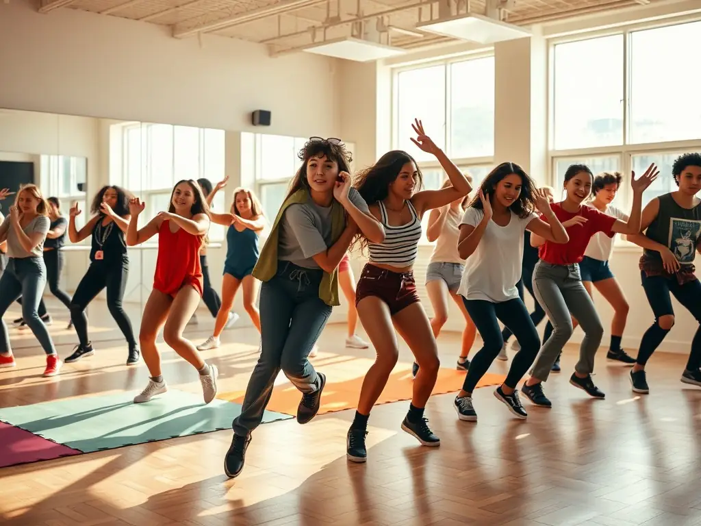 A dynamic image of teenagers performing a contemporary dance routine, highlighting the energy and creativity of the contemporary dance program at ECOLE DE DANSE D’ARGENTAT.