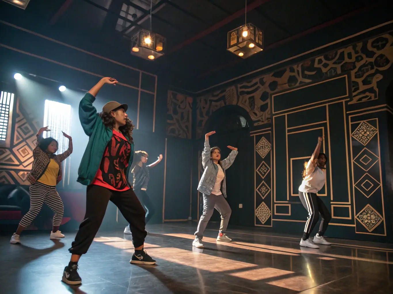 A high-energy image of a jazz dance class, showcasing dancers performing synchronized steps with enthusiasm and flair, set in a vibrant studio with colorful lighting.