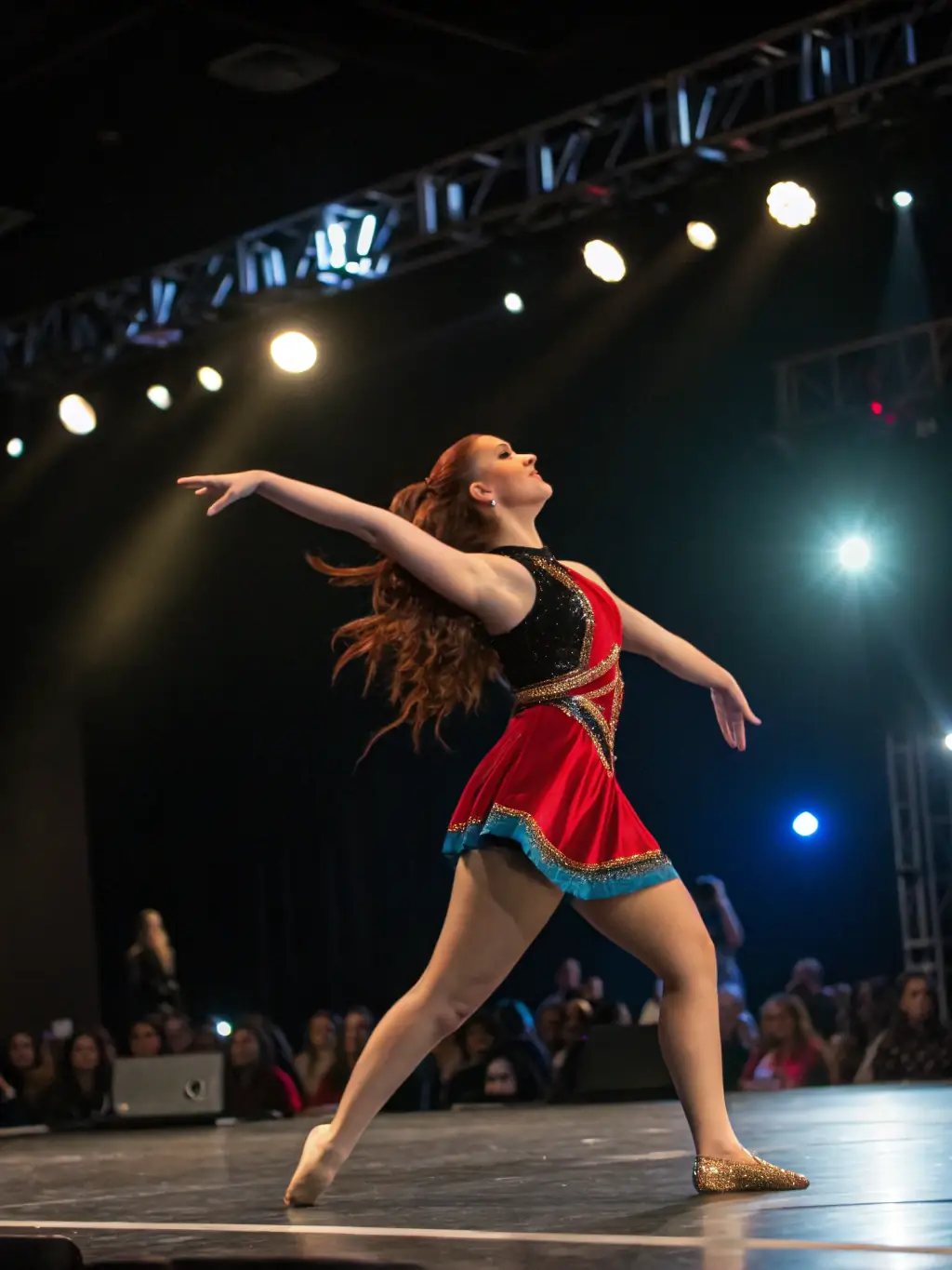 A student confidently performing on stage during a school recital, highlighting the performance opportunities available to students.
