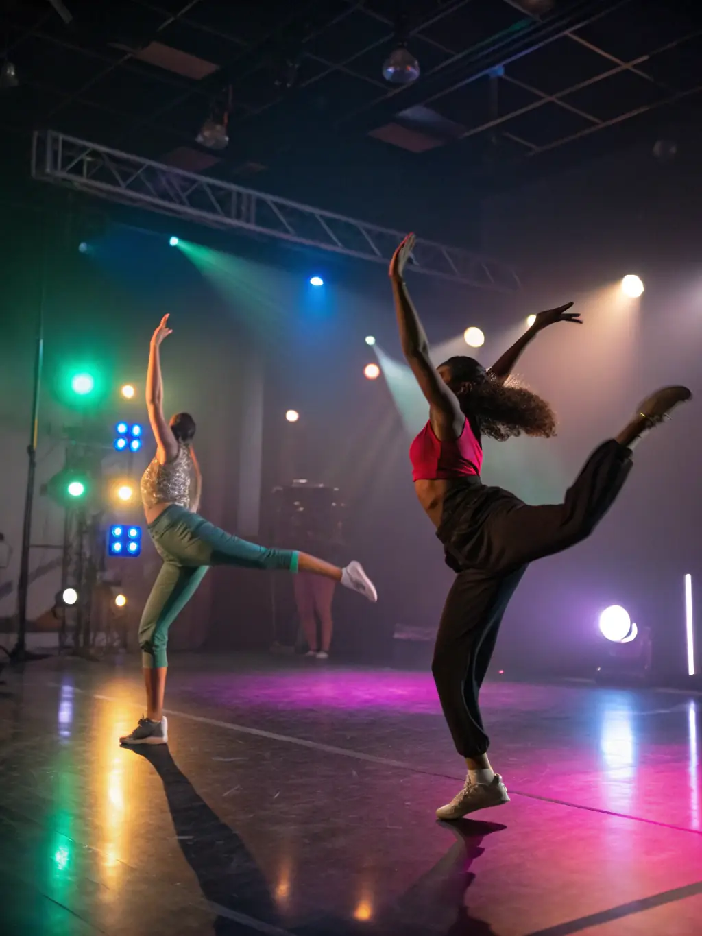 A group of contemporary dancers performing a fluid and expressive routine during a contemporary dance workshop at ECOLE DE DANSE D’ARGENTAT, emphasizing creativity and emotional expression.