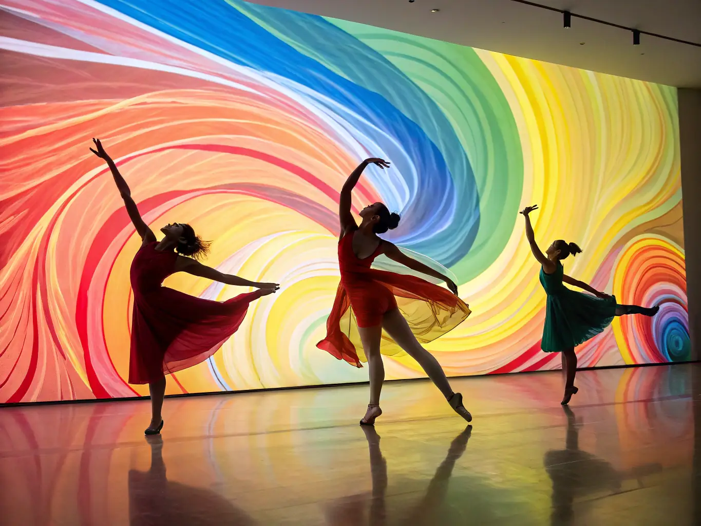 A lively image of a contemporary dance workshop, featuring dancers exploring fluid movements and expressive gestures, with a focus on creativity and improvisation.