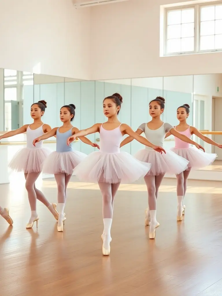 A group of young dancers in ballet attire, smiling and stretching before a class, showcasing the friendly and supportive environment at ECOLE DE DANSE D’ARGENTAT.