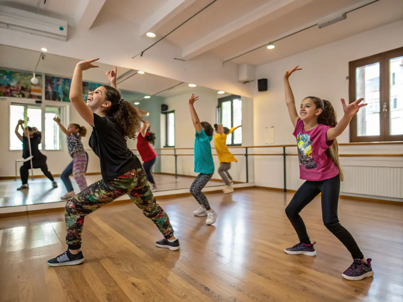 A scene from a collaborative dance performance, showcasing dancers of different ages and backgrounds, performing a choreographed piece that blends various dance styles.