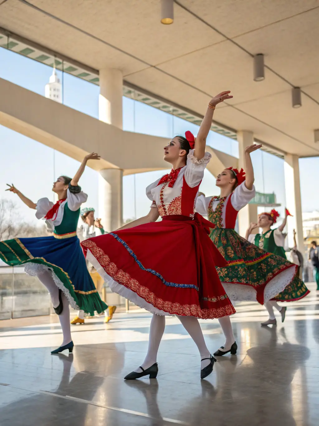 Dancers in traditional attire performing a cultural dance during a cultural dance event at ECOLE DE DANSE D’ARGENTAT, celebrating diversity and cultural heritage.